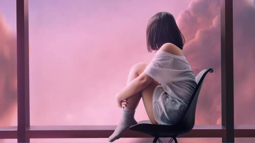 窗边短发粉色思念