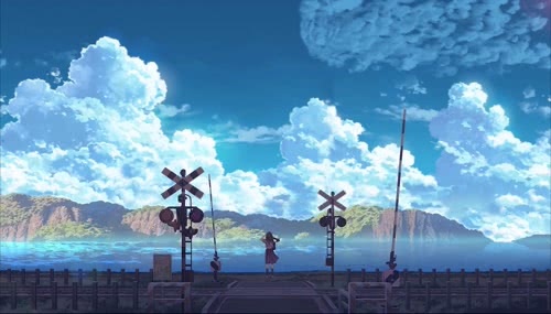 动漫-云-水-山-铁路-女孩