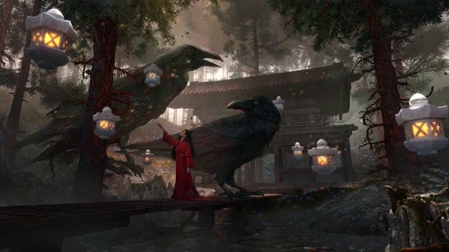 giant crow in the temple asian girl 4k live wallpaper